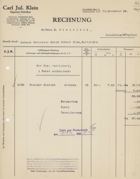 Firma M. Winzrieth (Kaufhaus)an Carl Jul. Klein- Rechnung - 11.12.1929