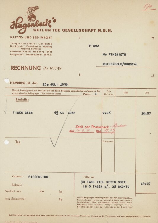 Firma M. Winzrieth (Kaufhaus)an Hagenbeck Ceylon Tee GmbH- Rechnung - 25.07.1938