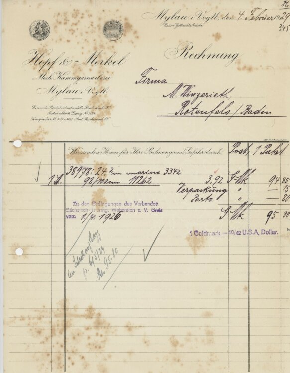 Firma M. Winzrieth (Kaufhaus)an Hopf & Merkel Kammgarn Weberei- Rechnung - 04.02.1929