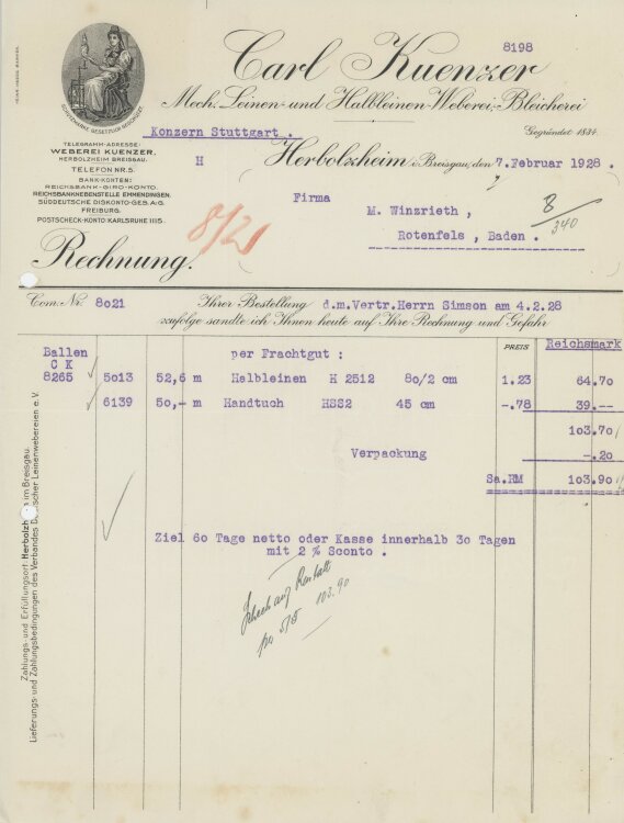 Firma M. Winzrieth (Kaufhaus)an Carl Kuenzer- Rechnung - 07.02.1928