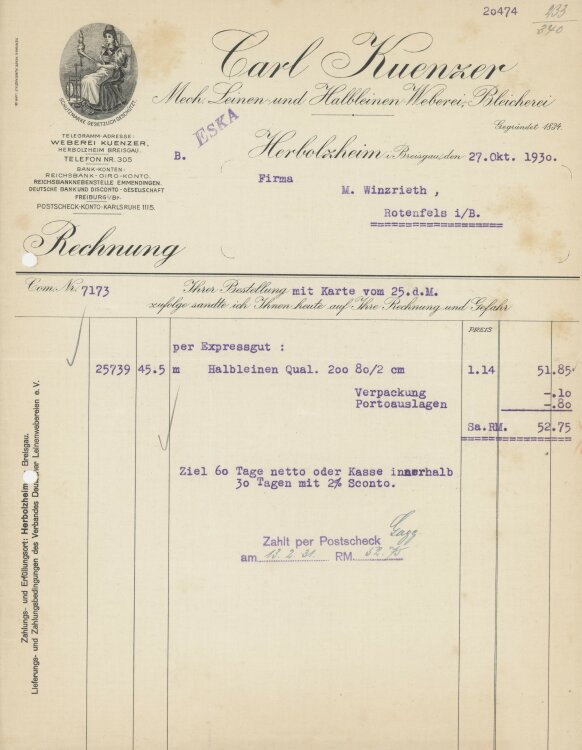 Firma M. Winzrieth (Kaufhaus)an Carl Kuenzer- Rechnung -...