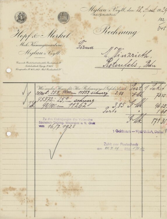 Firma M. Winzrieth (Kaufhaus)an Hopf & Merkel Kammgarn Weberei- Rechnung - 20.04.1929