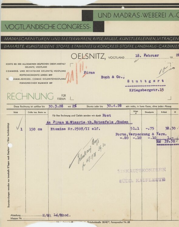 Firma M. Winzrieth (Kaufhaus)an Vogtländische Congress- und Madras-Weberei AG- Rechnung - 18.02.1928