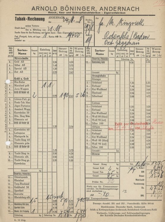 Firma M. Winzrieth (Kaufhaus)an Arnold Böninger- Rechnung - 24.11.1938