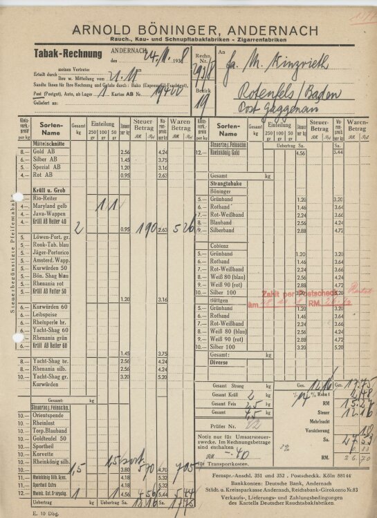 Firma M. Winzrieth (Kaufhaus)an Arnold Böninger- Rechnung - 24.11.1938