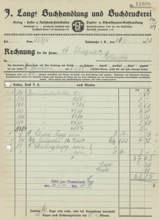 Firma M. Winzrieth (Kaufhaus)an J. Langs Buchhandlung und Buchdruckerei- Rechnung - 10.02.1930