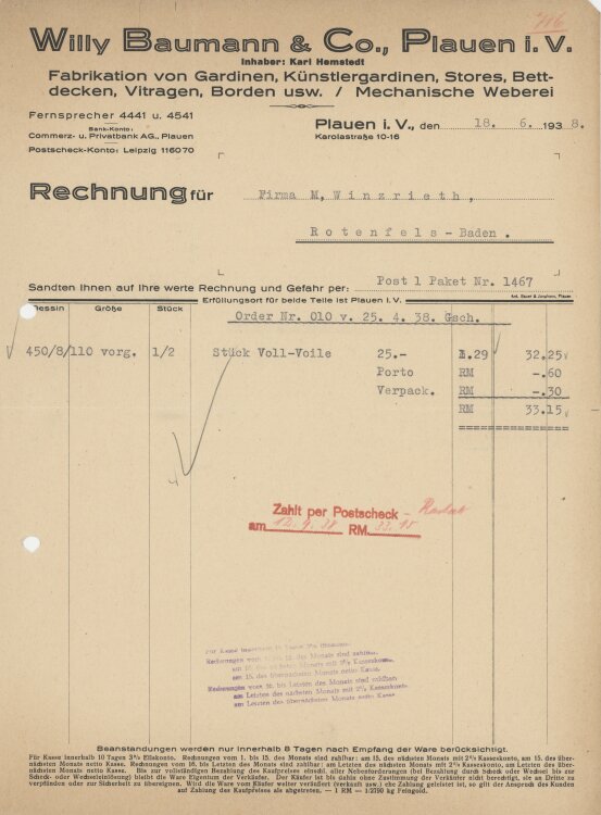 Firma M. Winzrieth (Kaufhaus)an Willy Baumann & Co.- Rechnung - 18.06.1938