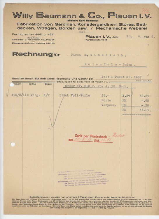 Firma M. Winzrieth (Kaufhaus)an Willy Baumann & Co.- Rechnung - 18.06.1938