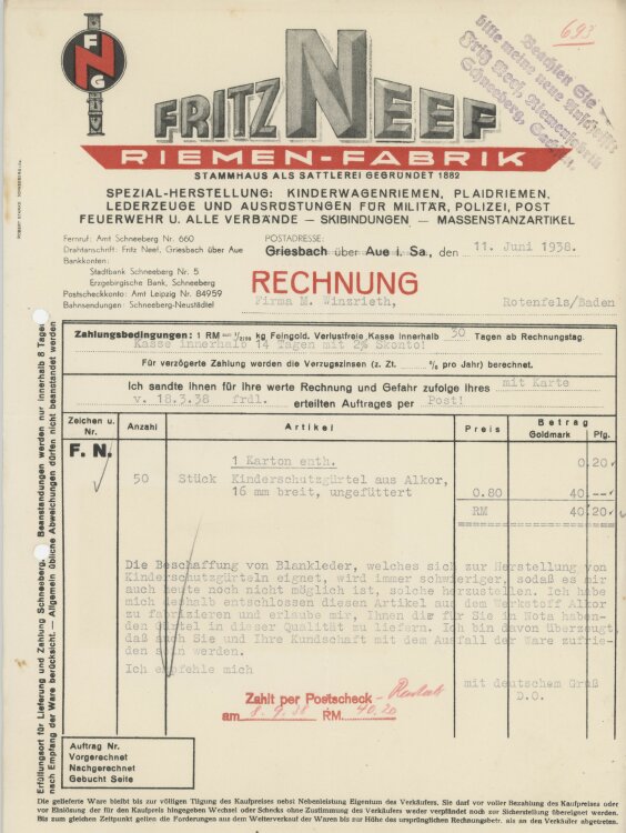 Firma M. Winzrieth (Kaufhaus)an Freitz Neef- Rechnung - 11.06.1938