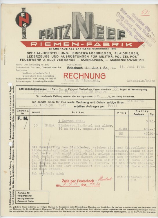 Firma M. Winzrieth (Kaufhaus)an Freitz Neef- Rechnung - 11.06.1938