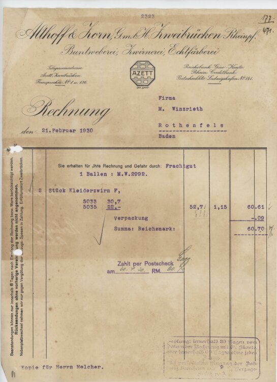 Firma M. Winzrieth (Kaufhaus)an Althoff & Zorn GmbH- Rechnung - 21.02.1930