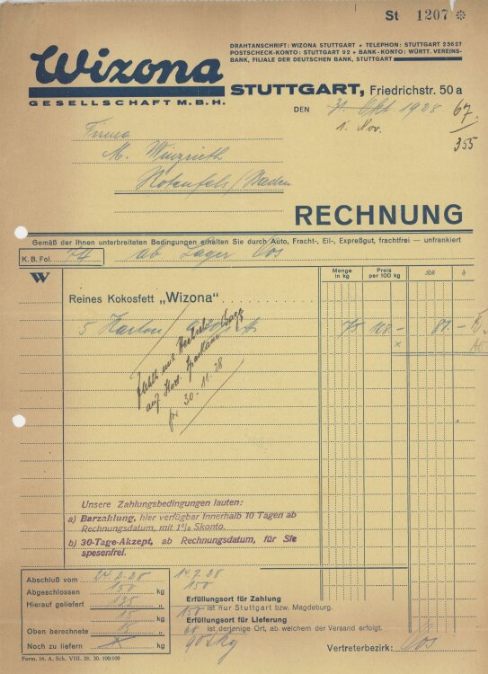 Firma M. Winzrieth (Kaufhaus)an Wizona GmbH- Rechnung -...