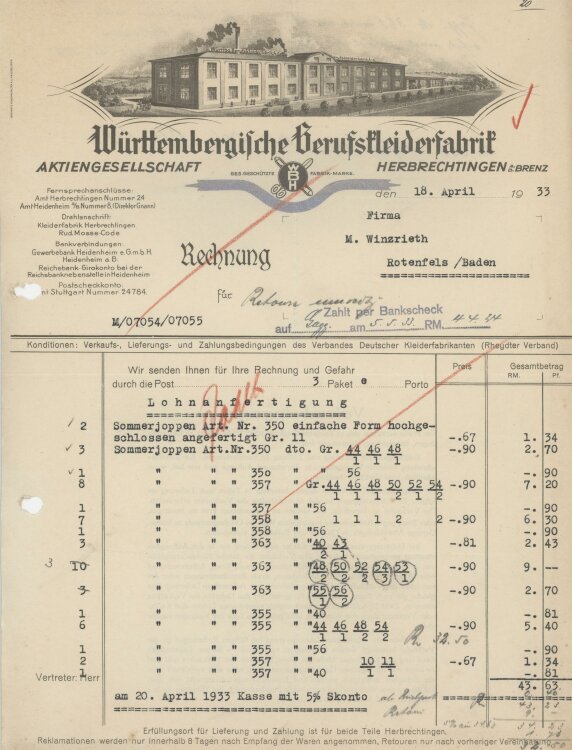 Firma M. Winzrieth (Kaufhaus)an Württembergische Berufskleiderfabrik- Rechnung - 18.04.1933