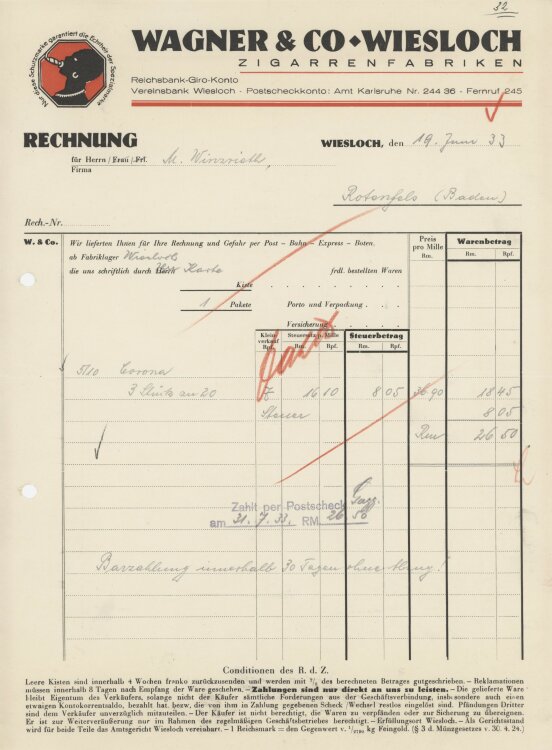 Firma M. Winzrieth (Kaufhaus)an Wagner & Co Zigarrenfabriken- Rechnung - 19.06.1933