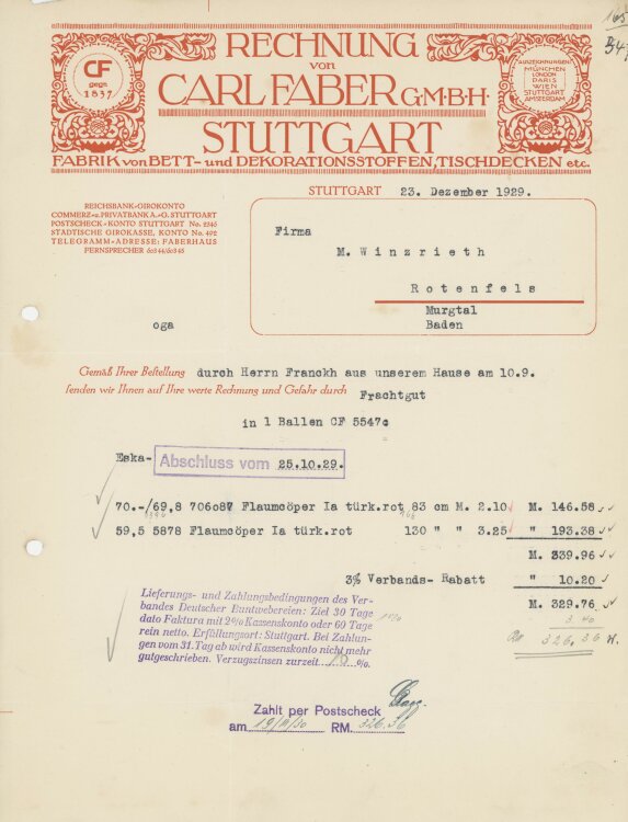 Firma M. Winzrieth (Kaufhaus)an Carl Faber GmbH- Rechnung - 23.12.1929