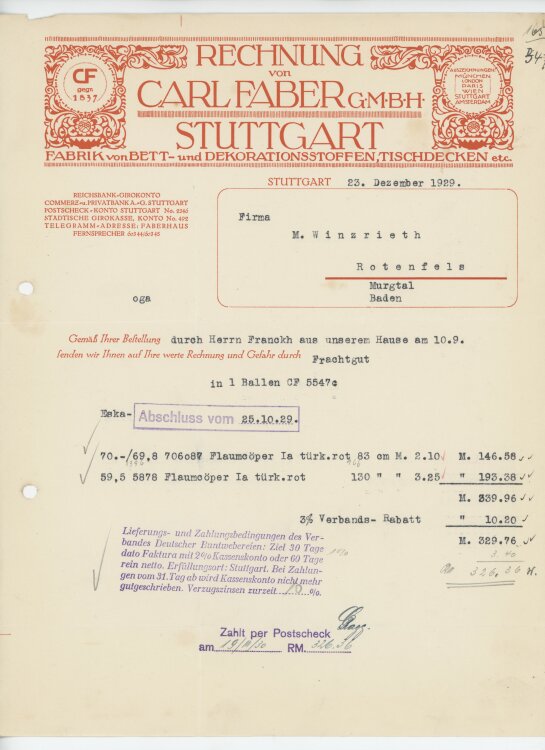 Firma M. Winzrieth (Kaufhaus)an Carl Faber GmbH- Rechnung - 23.12.1929