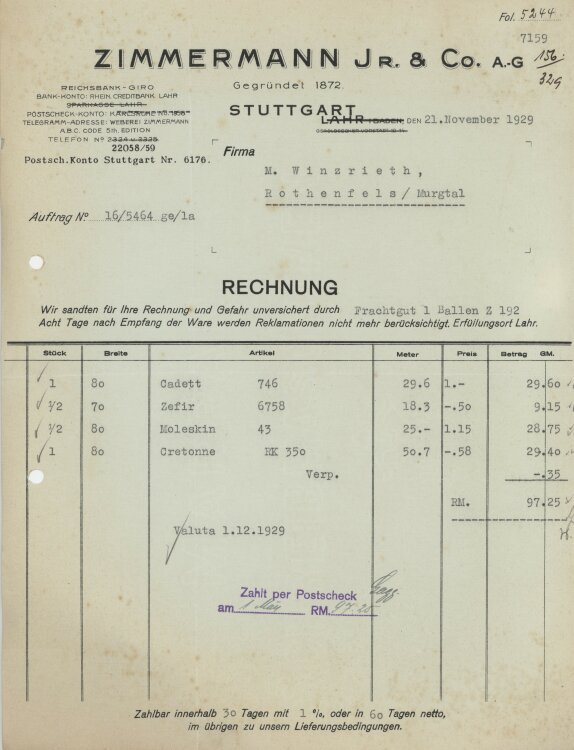 Firma M. Winzrieth (Kaufhaus)an Zimmermann Jr. & Co. AG- Rechnung - 21.11.1929