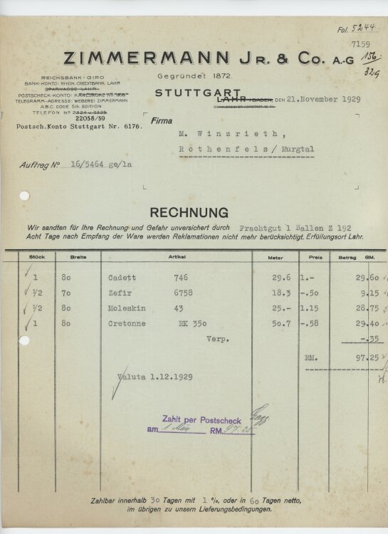 Firma M. Winzrieth (Kaufhaus)an Zimmermann Jr. & Co. AG- Rechnung - 21.11.1929