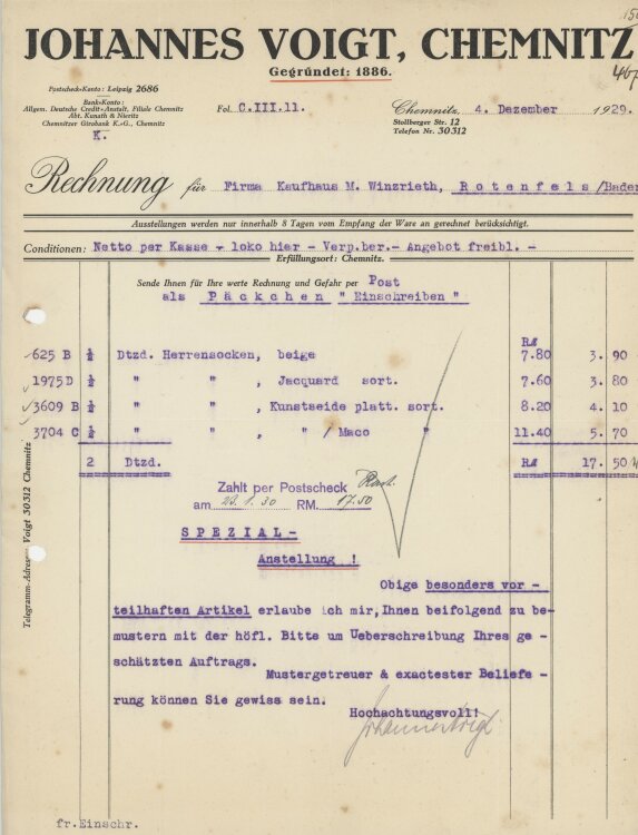 Firma M. Winzrieth (Kaufhaus)an Johannes Voigt- Rechnung - 04.12.1929