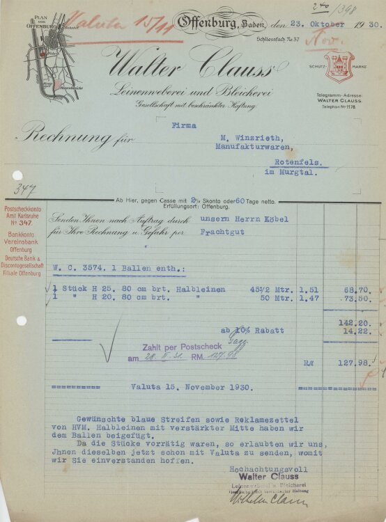 Firma M. Winzrieth (Kaufhaus)an Walter Clauss- Rechnung - 23.11.1930