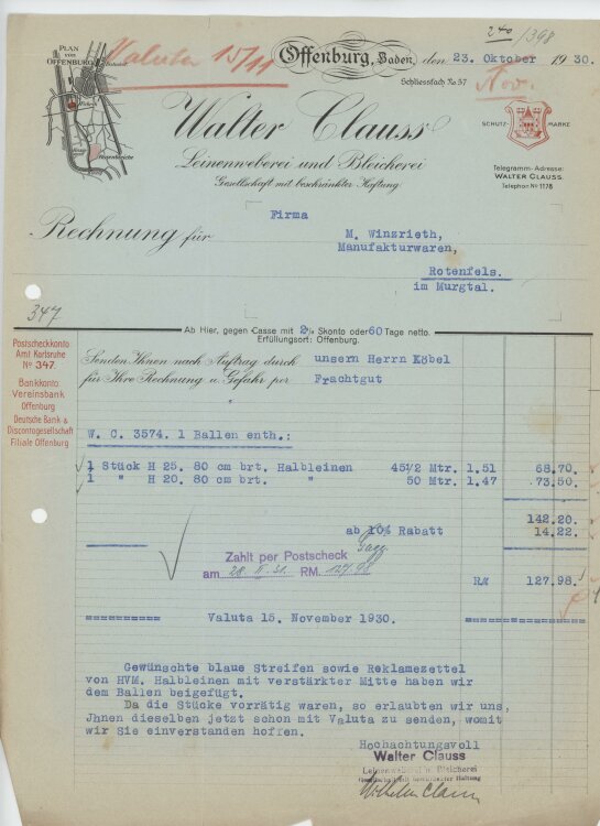 Firma M. Winzrieth (Kaufhaus)an Walter Clauss- Rechnung - 23.11.1930