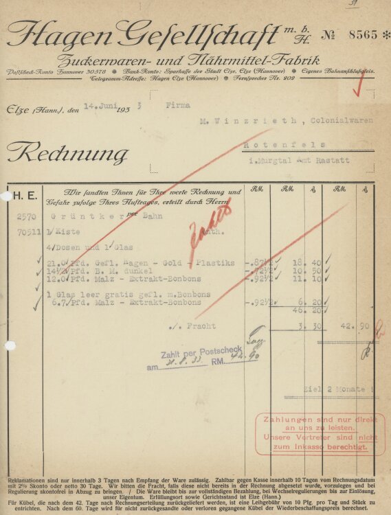 Firma M. Winzrieth (Kaufhaus)an Hagen GmbH- Rechnung - 14.06.1933