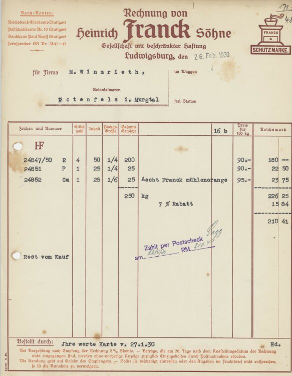 Firma M. Winzrieth (Kaufhaus)an Heinrich Franck...