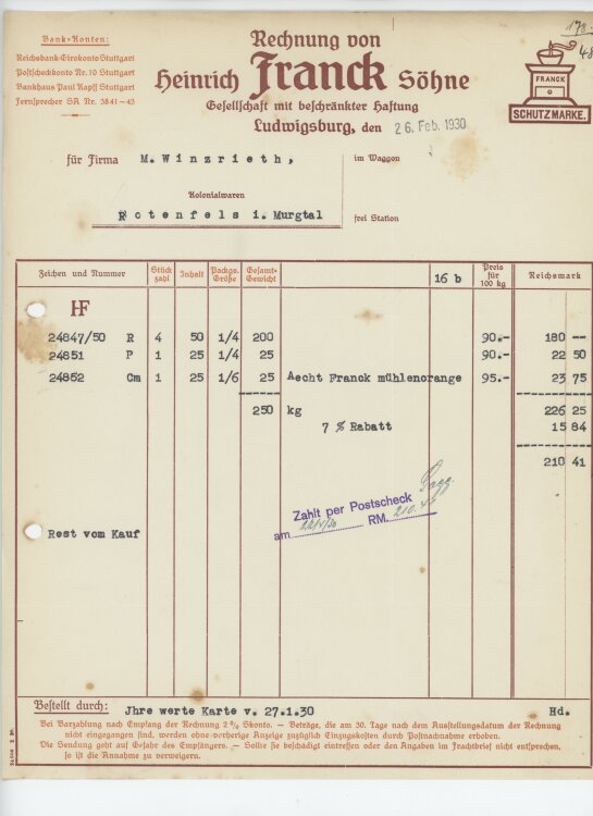 Firma M. Winzrieth (Kaufhaus)an Heinrich Franck Söhne GmbH- Rechnung - 26.02.1930