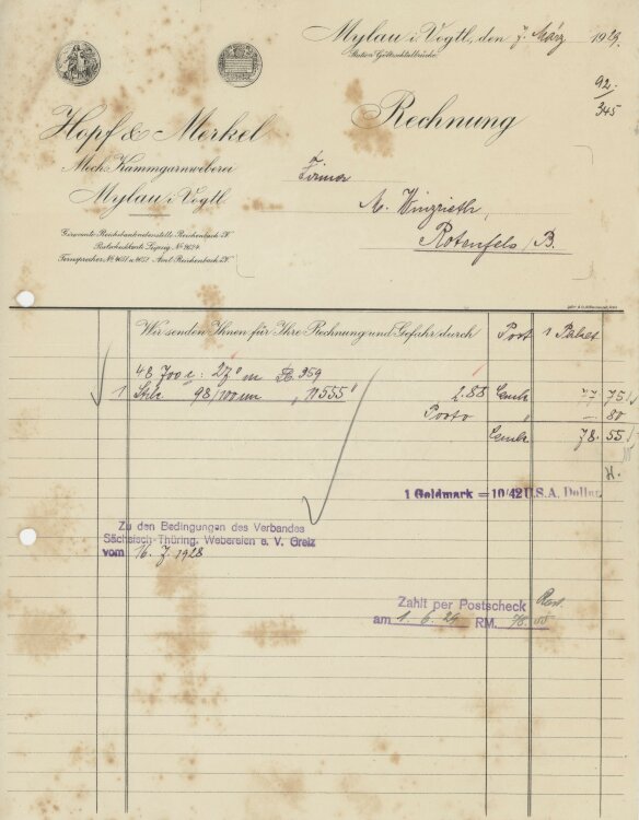 Firma M. Winzrieth (Kaufhaus)an Hopf & Merkel Kammgarn Weberei- Rechnung - 07.03.1929