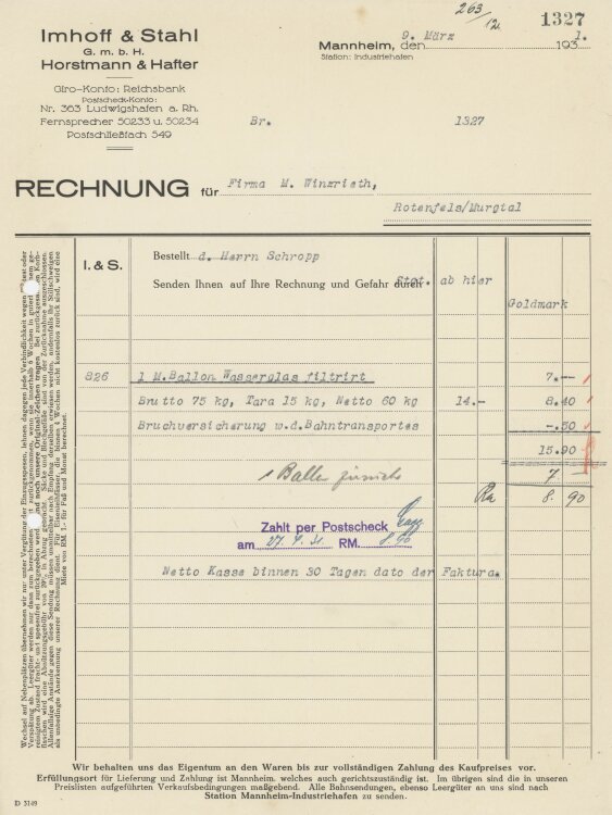 Firma M. Winzrieth (Kaufhaus)an Imhoff & Stahl GmbH- Rechnung - 09.03.1931