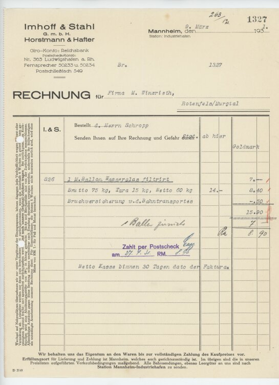 Firma M. Winzrieth (Kaufhaus)an Imhoff & Stahl GmbH- Rechnung - 09.03.1931