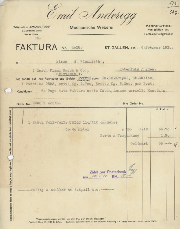 Firma M. Winzrieth (Kaufhaus)an Emil Anderegg- Rechnung - 06.02.1930