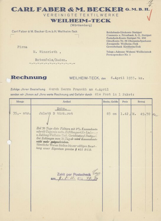 Firma M. Winzrieth (Kaufhaus)an Carl Faber & M. Becker GmbH- Rechnung - 06.04.1933