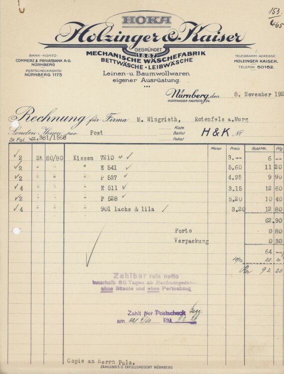 Firma M. Winzrieth (Kaufhaus)an Holzinger & Kaiser HOKA- Rechnung - 08.11.1929