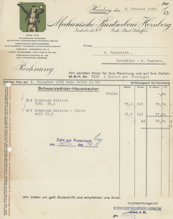 Firma M. Winzrieth (Kaufhaus)an Mechanische Buntweberei Jockeln & Co- Rechnung - 02.10.1929