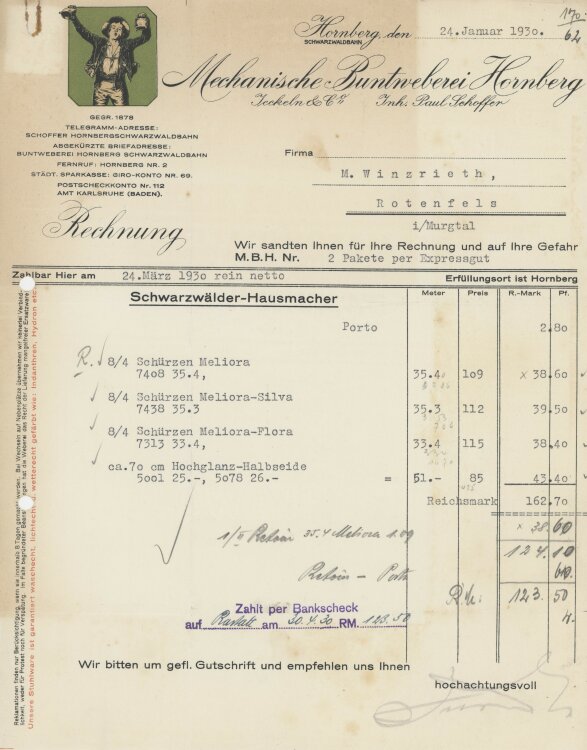 Firma M. Winzrieth (Kaufhaus)an Mechanische Buntweberei Jockeln & Co- Rechnung - 24.01.1930