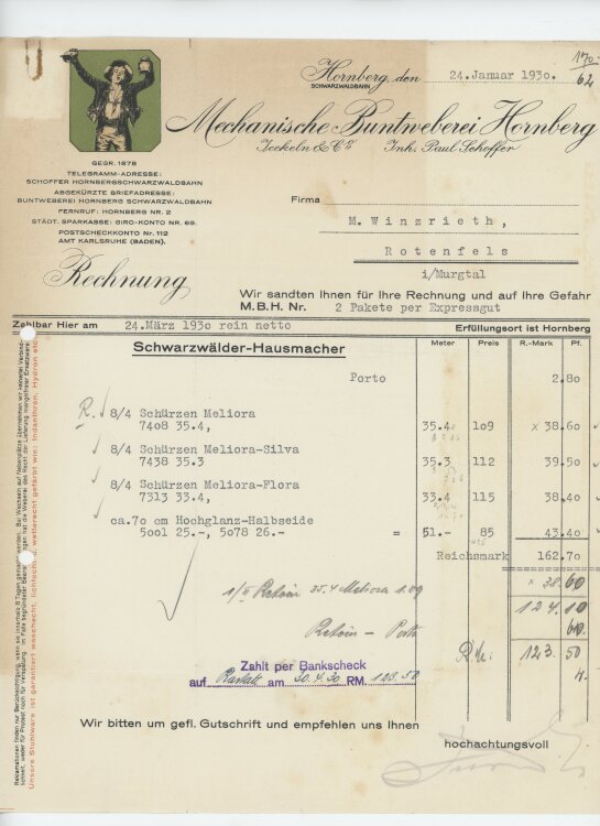 Firma M. Winzrieth (Kaufhaus)an Mechanische Buntweberei Jockeln & Co- Rechnung - 24.01.1930