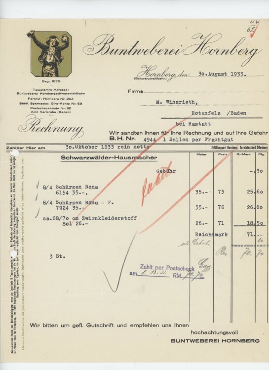 Firma M. Winzrieth (Kaufhaus)an Buntweberei- Rechnung - 30.08.1933