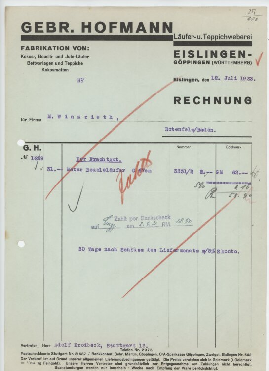 Firma M. Winzrieth (Kaufhaus)an Gebr. Hoffmann- Rechnung...