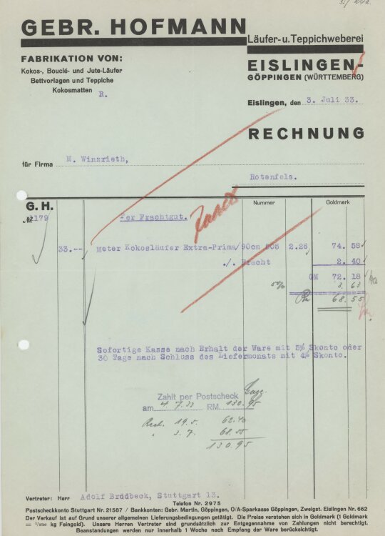 Firma M. Winzrieth (Kaufhaus)an Gebr. Hoffmann- Rechnung - 03.07.1933