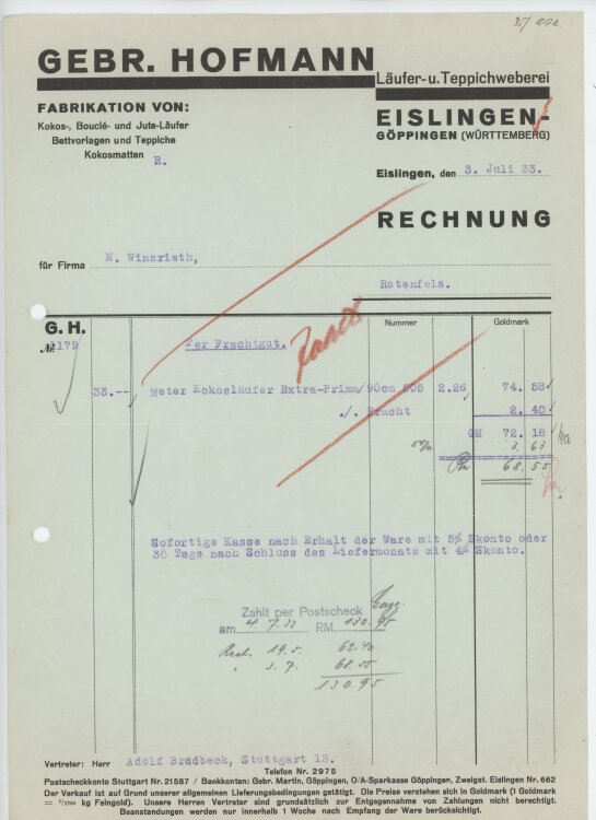 Firma M. Winzrieth (Kaufhaus)an Gebr. Hoffmann- Rechnung...