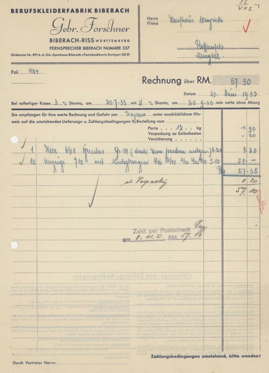 Firma M. Winzrieth (Kaufhaus)an Gebr. Forschner Berufskleiderfabrik- Rechnung - 20.06.1933