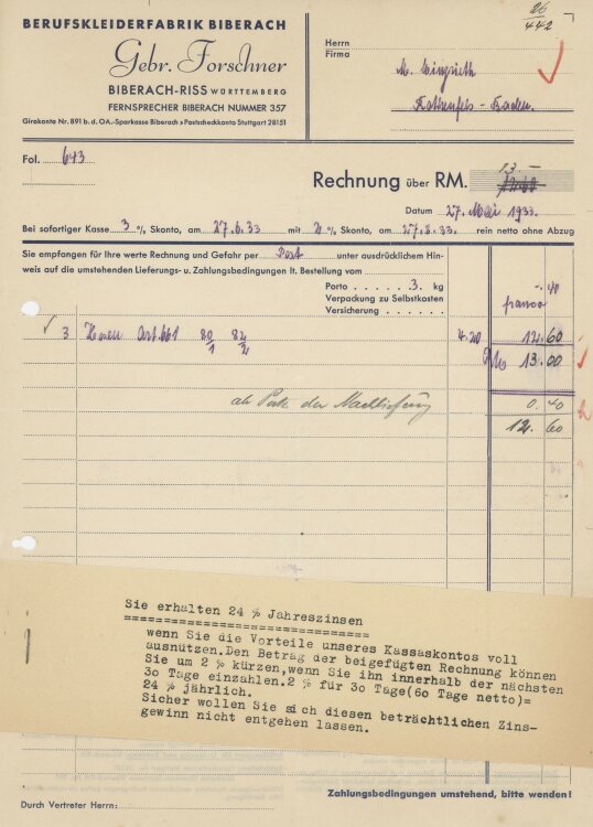 Firma M. Winzrieth (Kaufhaus)an Gebr. Forschner Berufskleiderfabrik- Rechnung - 27.05.1933