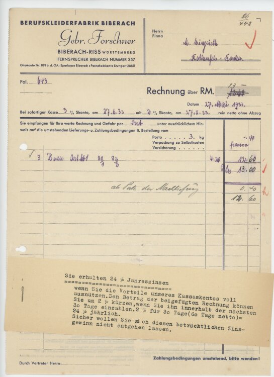 Firma M. Winzrieth (Kaufhaus)an Gebr. Forschner Berufskleiderfabrik- Rechnung - 27.05.1933