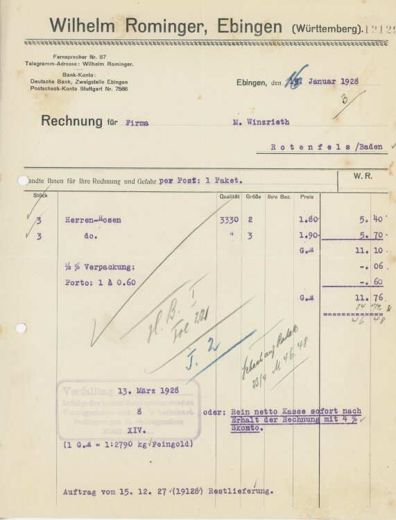 Firma M. Winzrieth (Kaufhaus)an Wilhelm Rominger- Rechnung - 16.01.1928