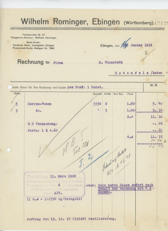 Firma M. Winzrieth (Kaufhaus)an Wilhelm Rominger- Rechnung - 16.01.1928