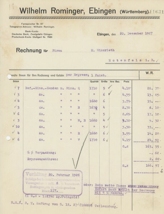 Firma M. Winzrieth (Kaufhaus)an Wilhelm Rominger- Rechnung - 20.12.1927