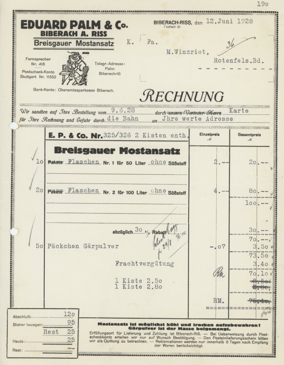 Firma M. Winzrieth (Kaufhaus)an Eduard Pal & Co- Rechnung - 12.06.1928