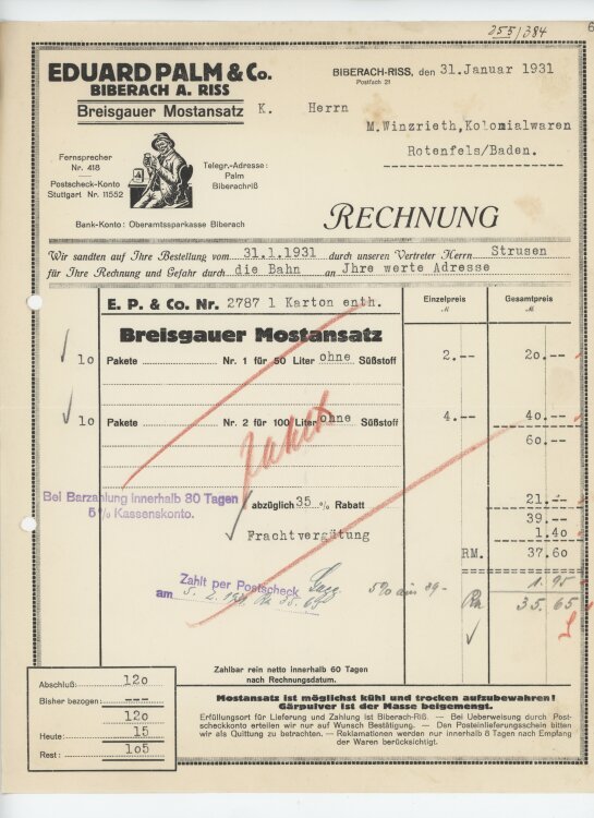 Firma M. Winzrieth (Kaufhaus)an Eduard Pal & Co- Rechnung - 31.01.1931