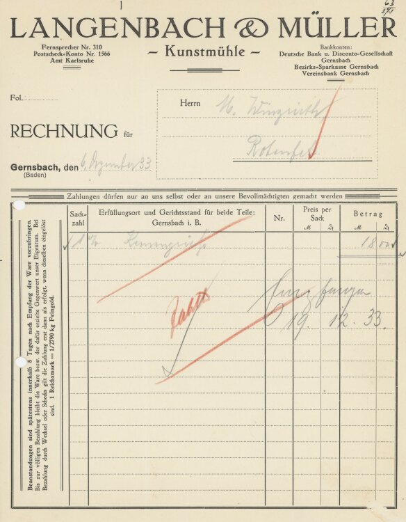 Firma M. Winzrieth (Kaufhaus)an Langenbach & Müller- Rechnung - 06.12.1933